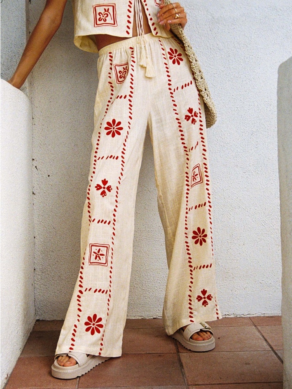 Princess Polly Cream Wide-Leg Pants with Red Floral Embroidery